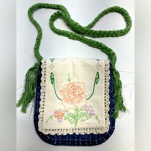 Handmade Upcycled Denim Crossbody Purse, Embroidered, Handstitched, Vintage